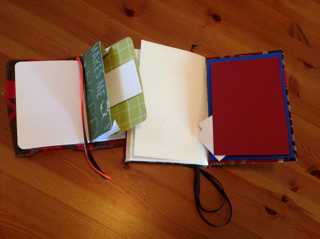 cwodtke's tweet photo. Made some prototype notebooks, using free conference notebooks and #Fabmo cloth. Requirements: pen holder, pockets. http://t.co/zPLYS5ZHz3