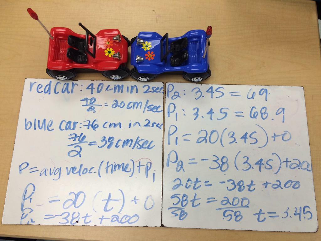 cmarilyn14's tweet image. today in physics we used the CVP model to determine where 2 cars will crash when given a distance! #EHSPhysics