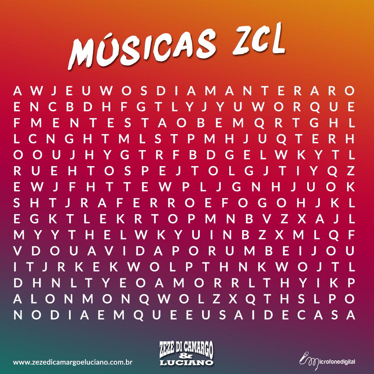 zcloficial's tweet photo. Quem é fã #ZCL vai achar os sucessos de @zcloficial espalhados nesse caça-palavras! #MúsicasZCL http://t.co/K1HlsEdxVZ