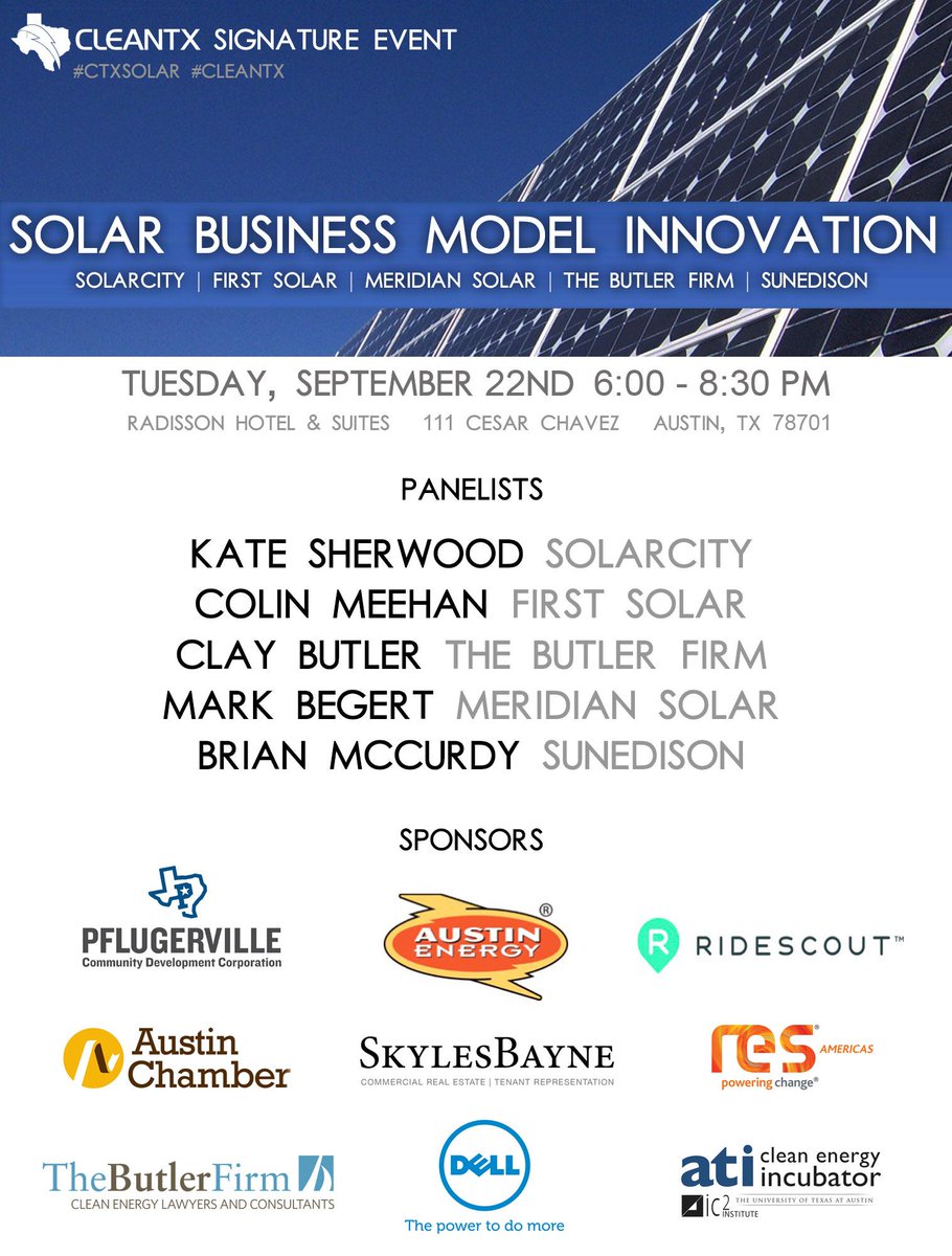 CleanTX's tweet photo. Hear what experts in Solar Business have to say at our Signature Event on 9/22! http://t.co/mxpzeNs2Rs #CTXSolar http://t.co/togRSxBGSL