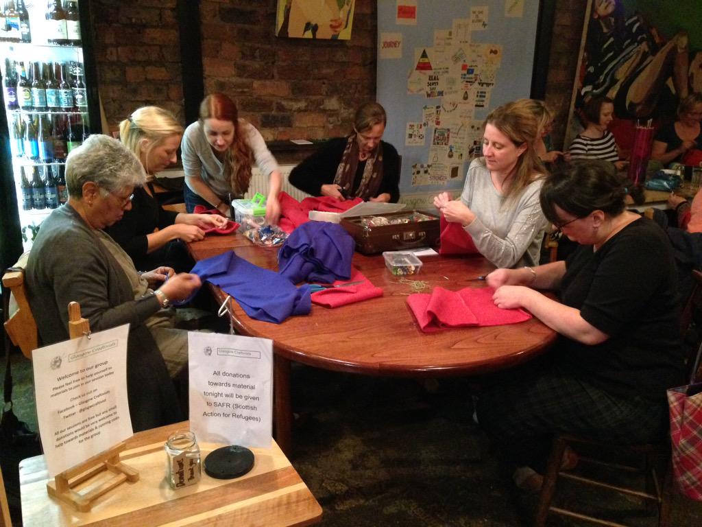 glsgwcraftivist's tweet photo. Lovely night connecting with people &amp; making scarves for refugees @thegladcafe http://t.co/O0wAnv8Xt9