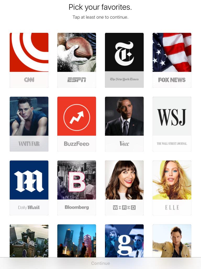 dsancha's tweet photo. The first publishers available when you set up Apple News #iOS9 #AppleNews http://t.co/47oj0DvgXn
