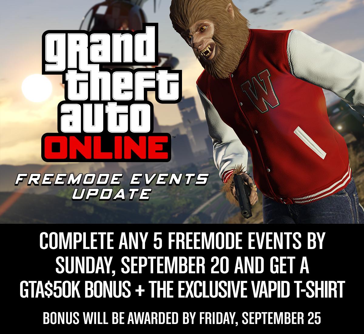 RockstarGames's tweet photo. Play any 5 #GTAOnline Freemode Events this week &amp; get $50k in-game and an exclusive t-shirt: http://t.co/T8rNwkXXGA http://t.co/1lH23E1i5I