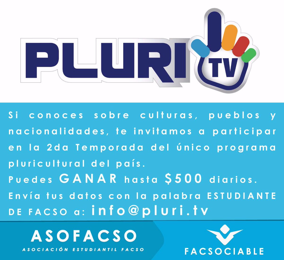 FACSOCIABLE's tweet photo. Te invitamos a participar en la 2da temporada de @pluritv
Sigue estos pasos: http://t.co/CVhBU0oSzY