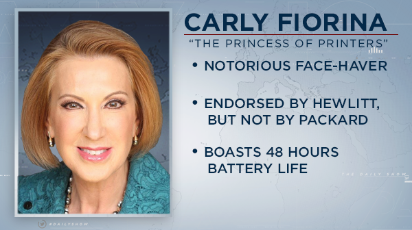 TheDailyShow's tweet photo. Meet the contenders: Carly Fiorina #GOPDebate #CNNDebate http://t.co/NzV5q2OWwC