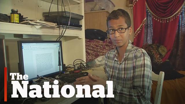 CBCTheNational's tweet image. Texas teen #AhmedMohamed was arrested after teachers mistook his homemade clock for a bomb. youtu.be/1FpM_o6aNTE