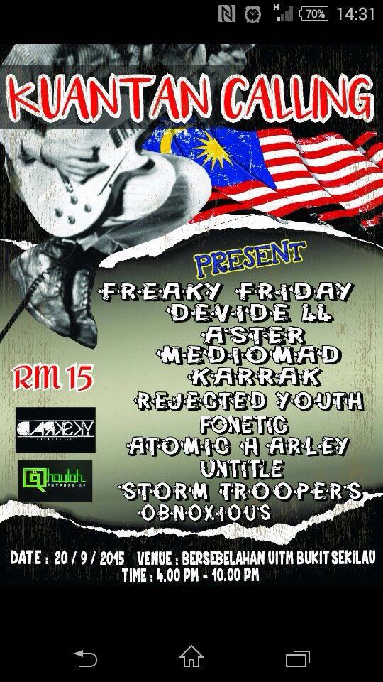Jenn_Thompson's tweet photo. #KUANTAN SUN Sept 20 KUANTAN CALLING 4-10pm ft. @Divide44Band @MediomadSkacore #FreakyFriday #Aster #Karrak &amp;more http://t.co/2w4hyw5cdy