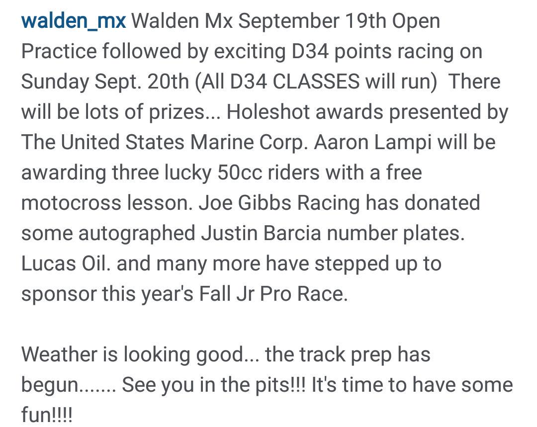 WaldenMX's tweet photo. DETAILS FOR WALDEN MX THIS WEEKEND!! So exciting! Practice will be 9-4 on saturday http://t.co/pctHfZ3ydC