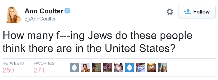 Disgusting! Ann Coulter tweet: How many f---ing Jews do these people think there are in the United States?