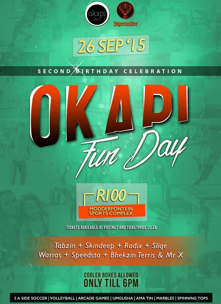 Sgedlembani's tweet photo. Come play with other kids #OkapiFunDay26Sep
Tickets available at selected
POSTNET
EDGARS
JET STORES http://t.co/jDPbx7ud3k