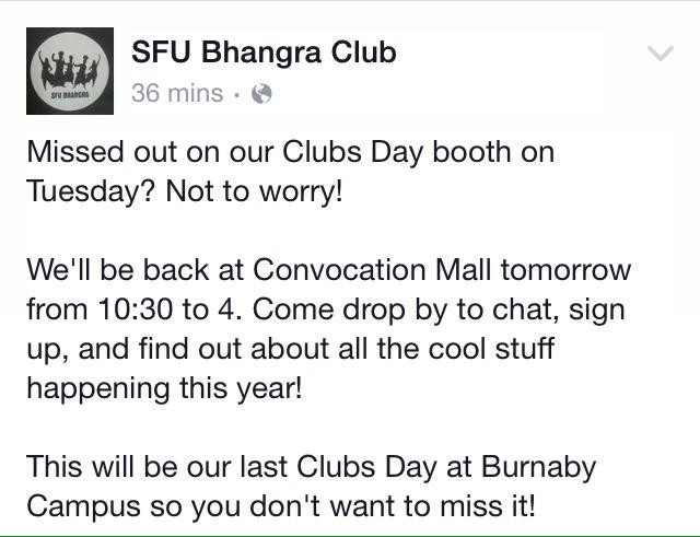 SFUBhangraClub's tweet photo. Don't forget to follow us on Facebook! 

See you all tomorrow! http://t.co/Nvjwpx3nc7