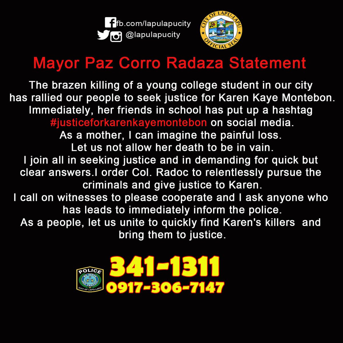PNP DPCR PID (@dpcrpublicinfo) on Twitter photo "<a href="/lapulapucity/">Lapu-Lapu City</a>: #JusticeForKarenKayeMontebon #RIPKarenKayeMontebon
#LapuLapuCity Mayor Paz Corro Radaza Statement " "<a href="/lapulapucity/">Lapu-Lapu City</a>: #JusticeForKarenKayeMontebon #RIPKarenKayeMontebon
#LapuLapuCity Mayor Paz Corro Radaza Statement "