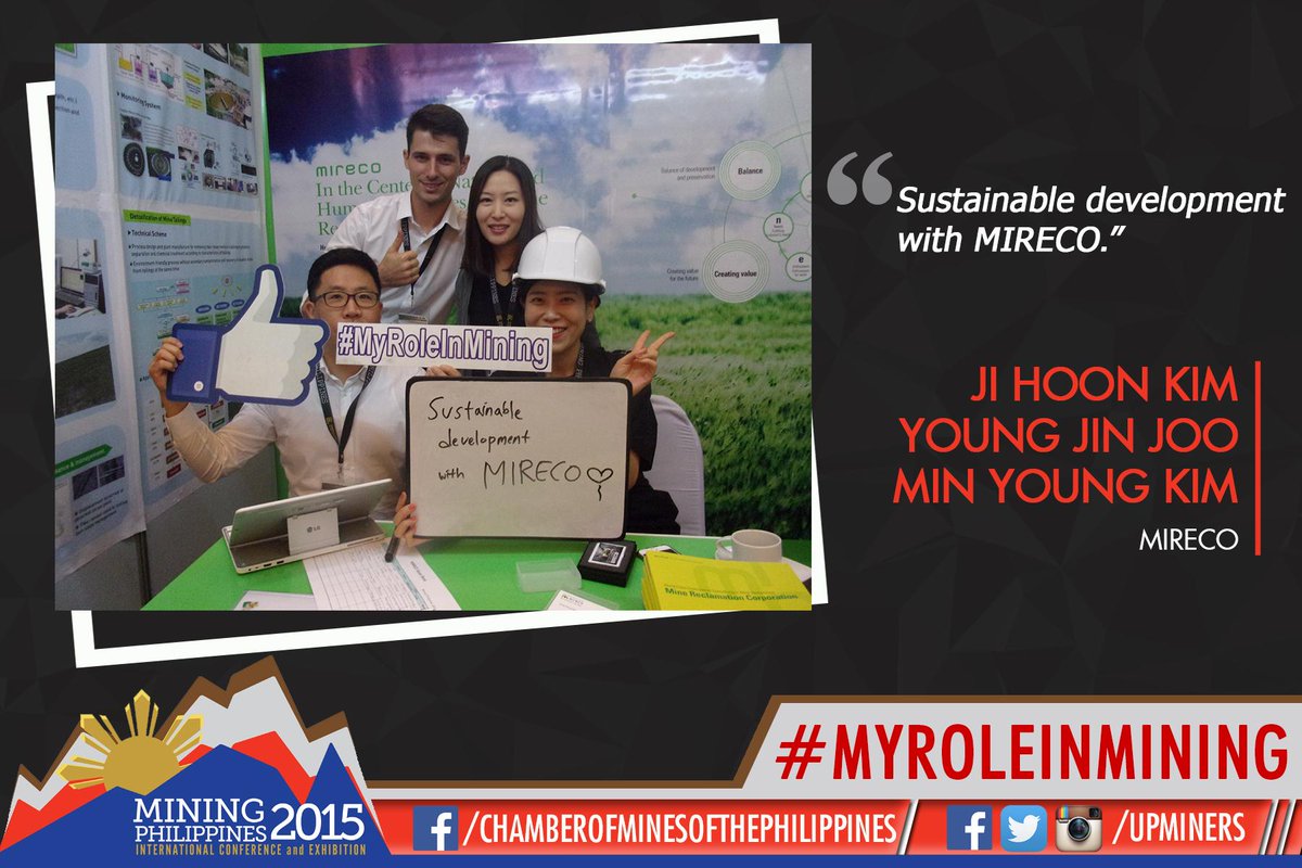 UPMINERS's tweet photo. "Sustainable development with MIRECO"
- - Ji Hoon Kim, Young Jin Joo and Min Young Kim
#MyRoleInMining
#MiningPH http://t.co/wniqFwTmWM