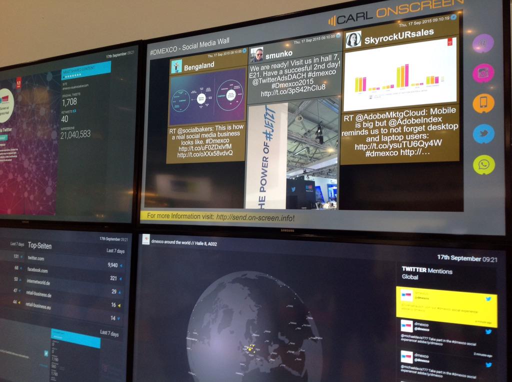 JohannesHeimann's tweet photo. Guten Morgen #Dmexco2015 ...erst mal die #socialmediawall mit #sendonscreen und @BrandwatchDE befüllen :-) http://t.co/rzOf8iRW7T