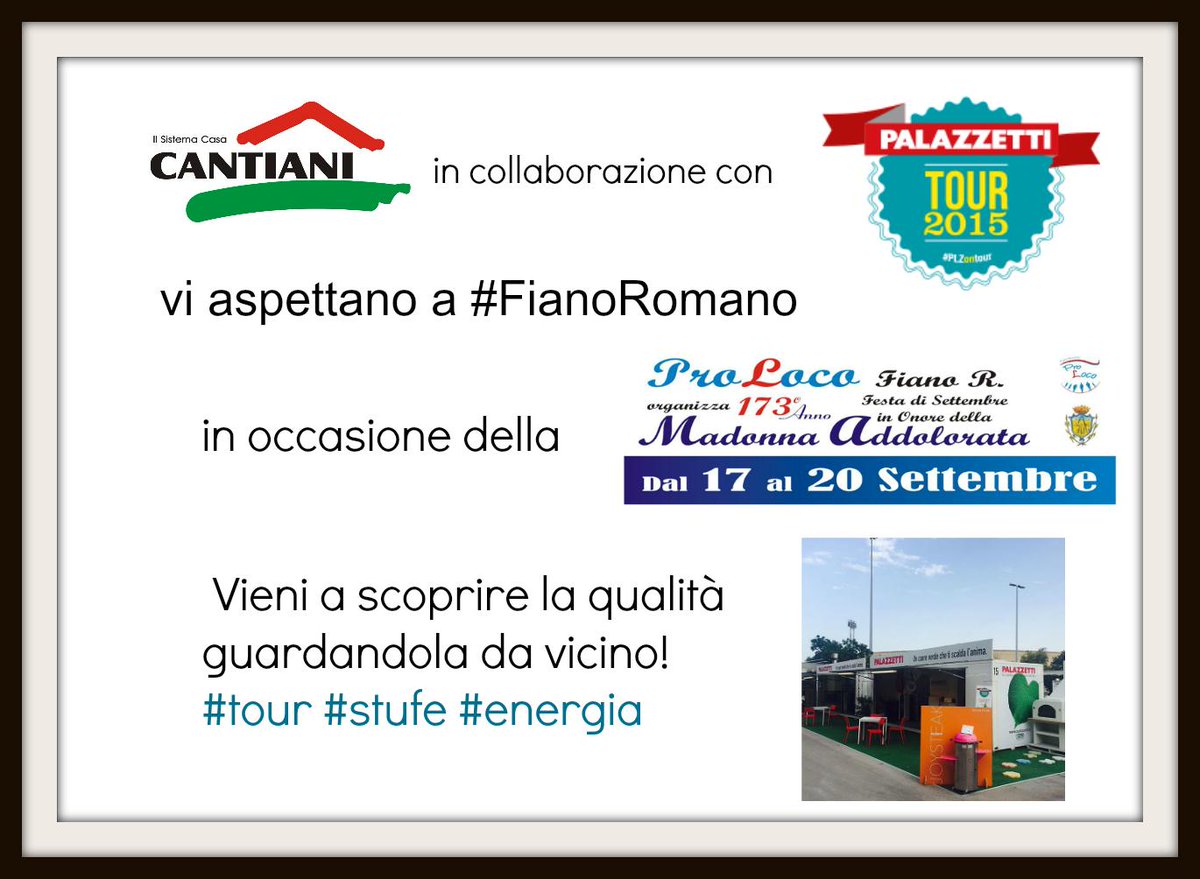 Cantianisrl's tweet photo. in collaborazione con @PalazzettiGroup vi aspettiamo a @ComunediFianoRM Buon #weekendi!!! #PLZontour #stand #stufe http://t.co/aBDvh7FoSO