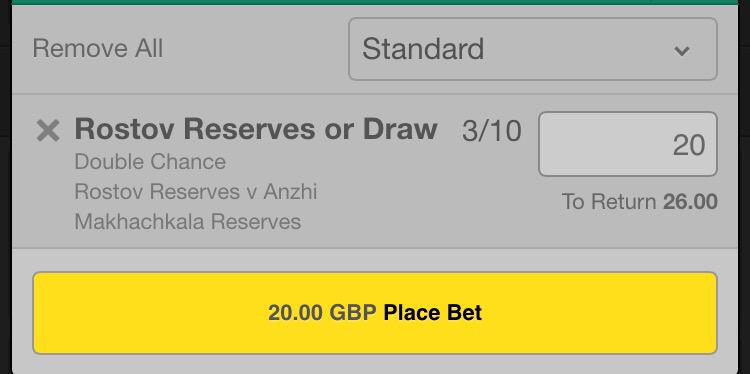 UpTheStakes's tweet photo. #20to100Challenge

BET 1:

Rostov Reserves / U21 to win or draw double chance 

KO 11am http://t.co/bXKDIpmf3I