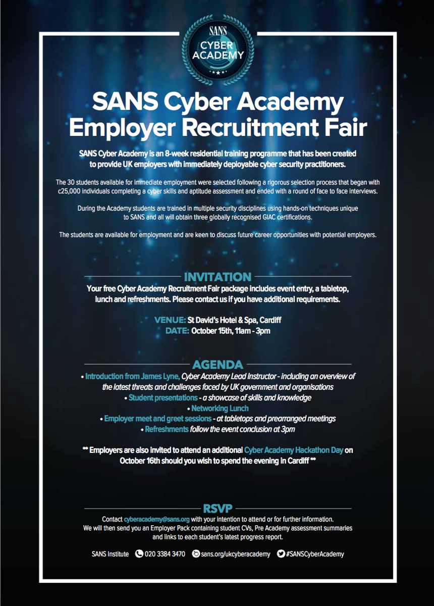 _Steve_Jones_'s tweet photo. #SANSCyberAcademy opens it's doors to employers interested in #recruiting students on 15th Oct. #Infosec #recruitment http://t.co/TvUKaqR4Ey