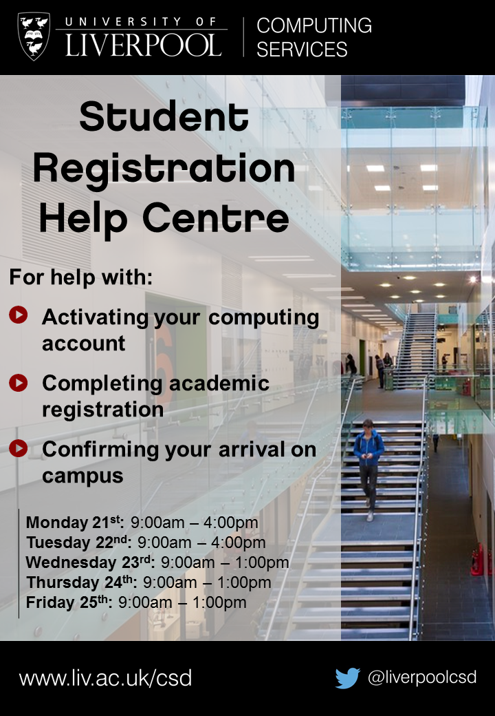 LivUniIT's tweet photo. Drop-in to CTL PC Centre 6 during #WelcomeWeek2015 for help with IT & academic registration: http://t.co/dajy4R5Sjw http://t.co/0hrOeXvebX