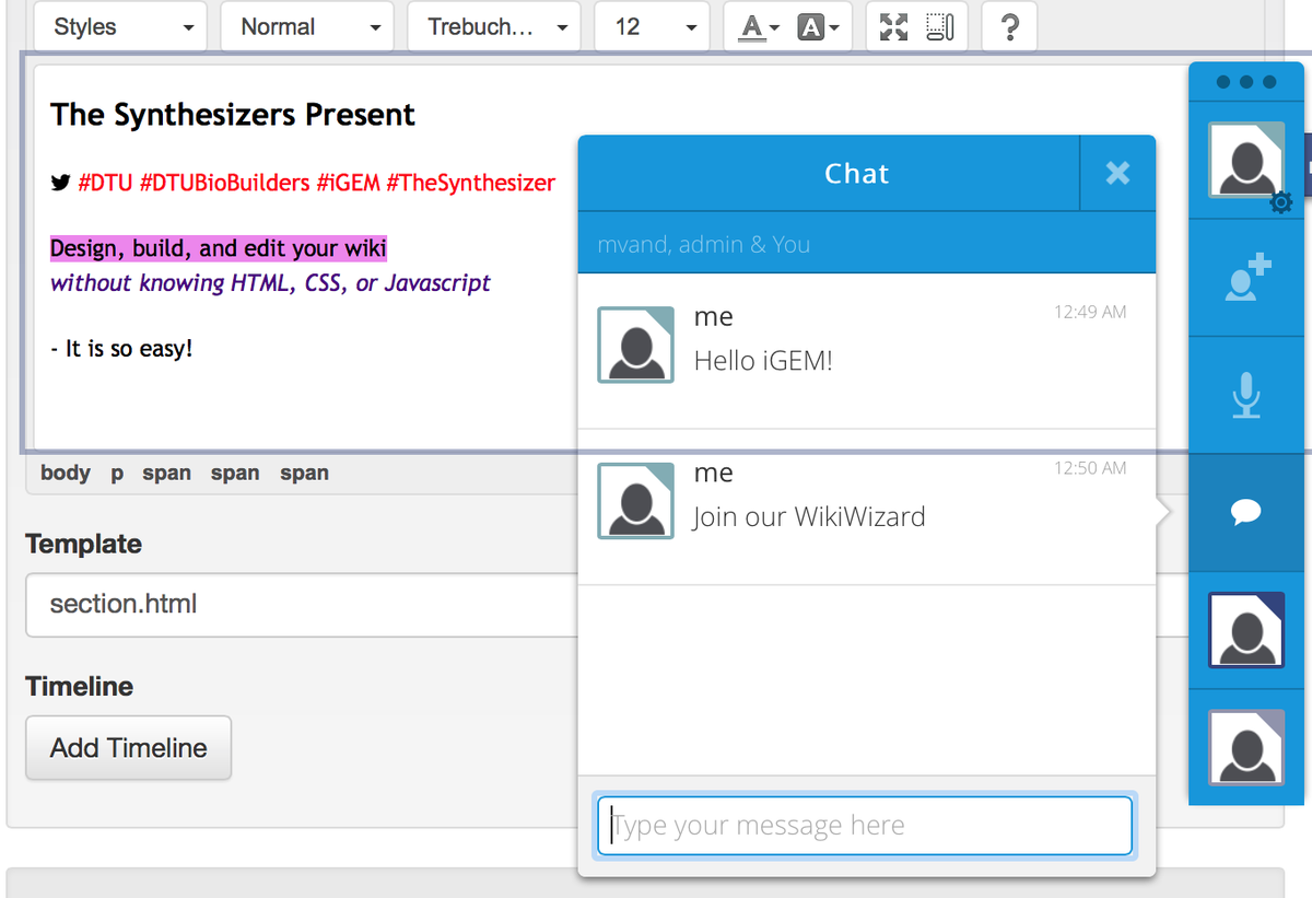 iGEM_DTU's tweet photo. Stressed out about #Wikifreeze #iGEM? We just added chat function and live editing to our #WikiWizard? http://t.co/jh6KrDs9f0