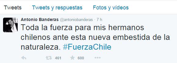 chilevision's tweet image. ¡Siguen los saludos para Chile tras terremoto! Antonio Banderas se cuadra con el país. ► bit.ly/1QIoQ0k
