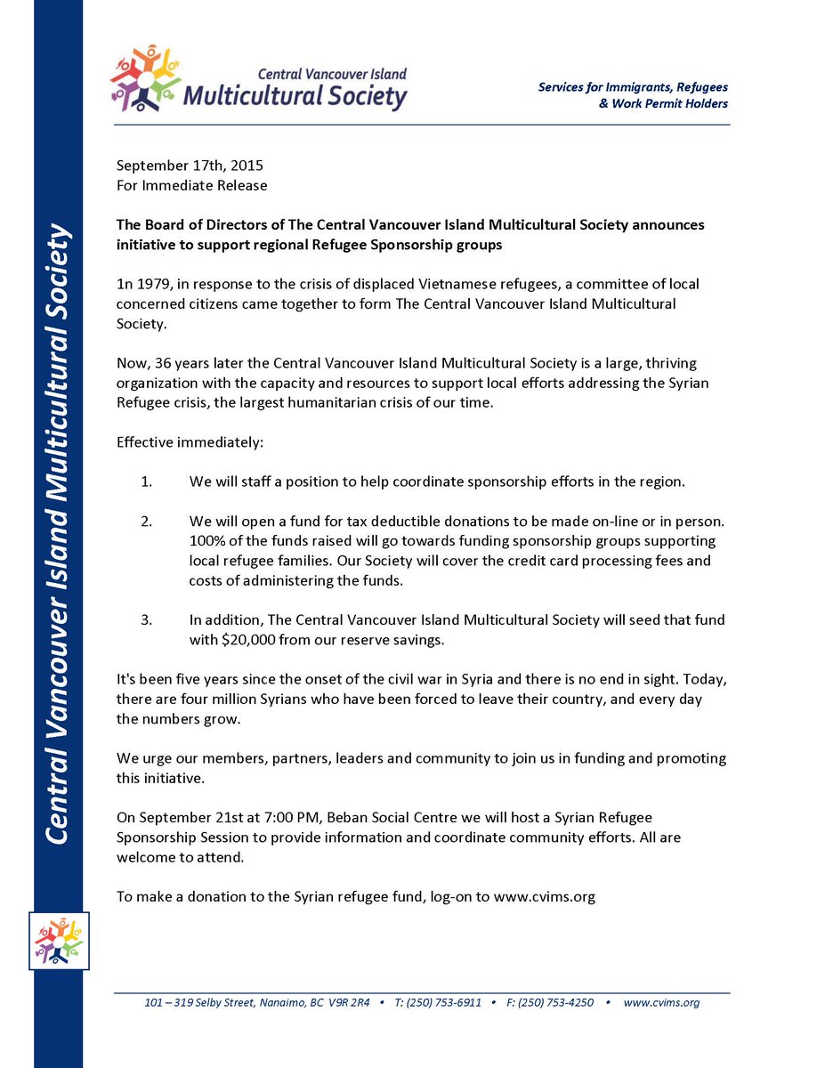<a href="/CTVNewsVI/">CTV News Vancouver Island</a> #Nanaimo Press release - mid island initiative supporting #SyrianRefugees