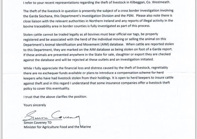 A copy of Coveney's response to our cattle theft.