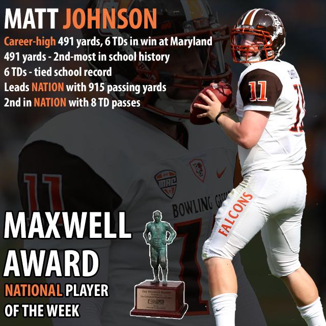BGSU_Athletics's tweet photo. Matt Johnson has been named Maxwell Award National Player of the Week! Congrats to Matt! http://t.co/V2MYq5pQJo