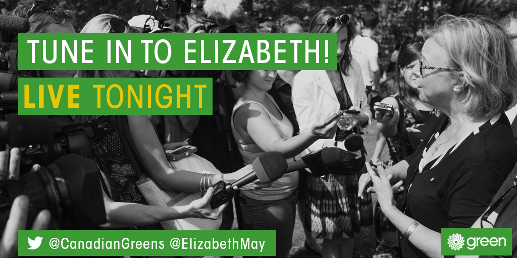 CanadianGreens's tweet image. Follow us and @ElizabethMay here on Twitter for the #GlobeDebate tonight. We’re making #cdnpoli history! #VoteGreen