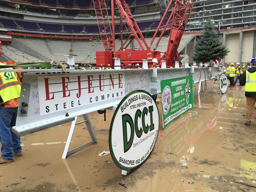 Vikings's tweet photo. The final steel beam will be put in place today at @usbankstadium during a topping out ceremony. http://t.co/28RmZhQUCp
