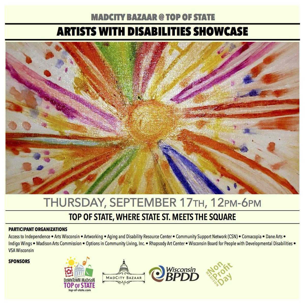 TODAY noon-6pm, Artists with Disabilities Showcase <a href="/MadCityBazaar/">MadCity Bazaar</a> at top-of-state.com. <a href="/Isthmus/">Isthmus</a> <a href="/nonprofitday/">Madison NonprofitDay</a>