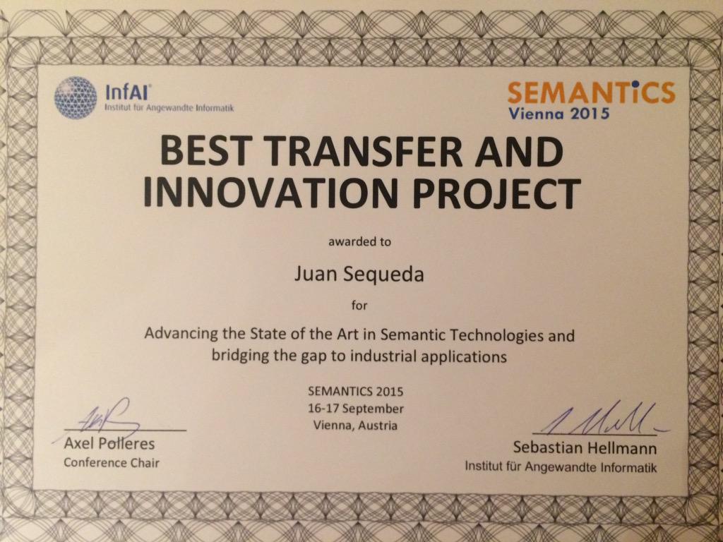 I just won the Best Transfer and Innovation Project award at <a href="/SemanticsConf/">SEMANTiCS Conference</a> for the work on <a href="/Capsenta/">Capsenta</a> What an honor!