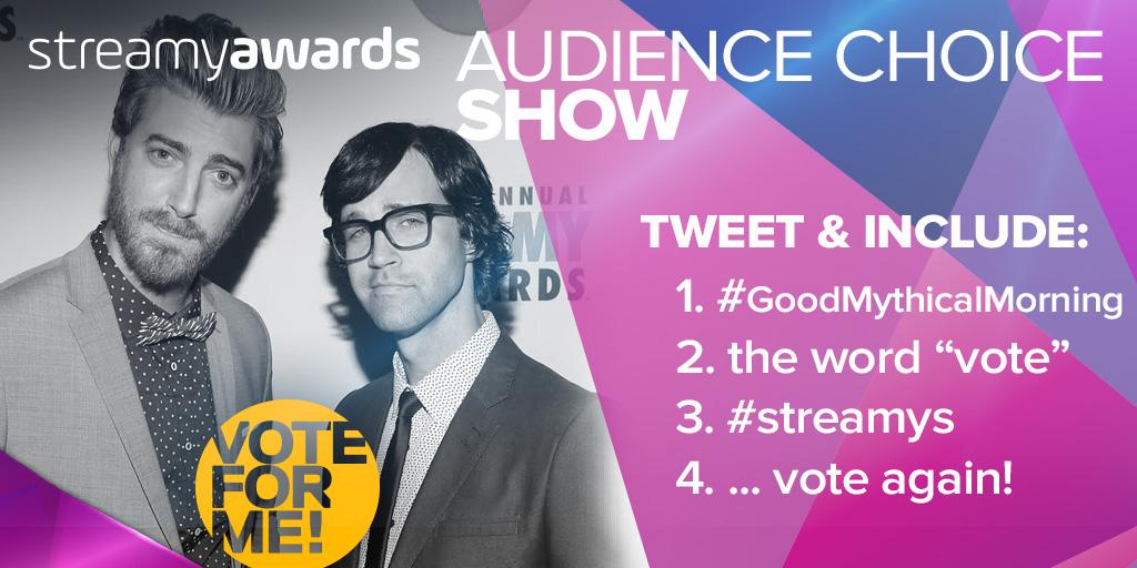 streamys's tweet photo. It's the LAST DAY TO VOTE for #GoodMythicalMorning for #streamys Show of the Year! RT to vote for @rhettandlink! http://t.co/YswIS8cBCZ
