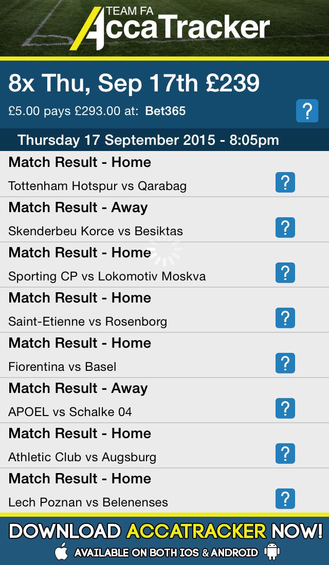 markdeanharris's tweet photo. Check out my latest acca, Iโm using @AccaTrackerTM. #EuropaThursdays #MidWeekBets http://t.co/I9mbjfHv3C http://t.co/fulQanmOeD