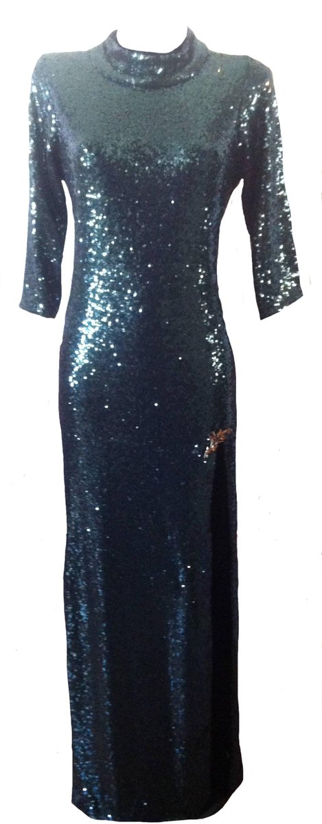 JennaBarnesUK's tweet photo. #Bespoke racing green sequin dress #Thighsplit. The client wanted to add her grandma's broach to the split. http://t.co/aQ8PhferS2