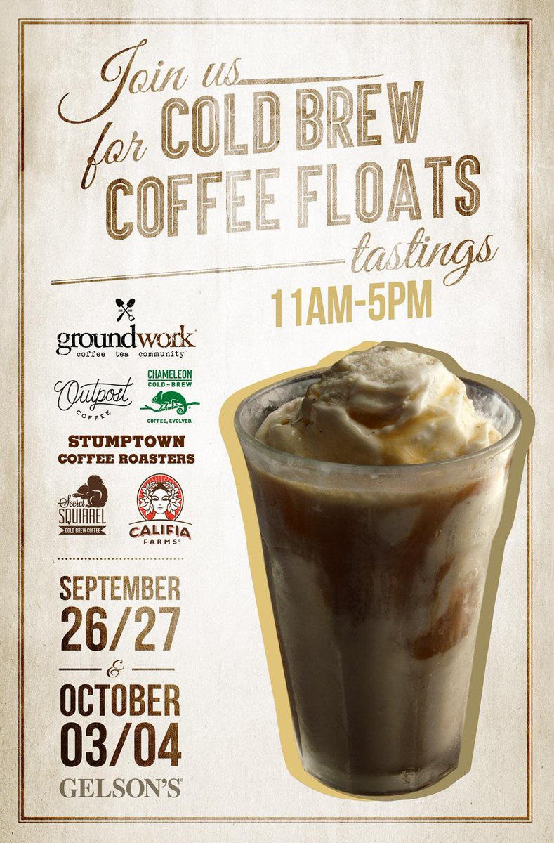 gelsonsmarkets's tweet photo. Join us Sep 26-27 &amp; Oct 3-4 for our Cold Brew Coffee Float tastings! #Celebr8 this tasty treat at ALL of our stores! http://t.co/bAxjL9PM0v