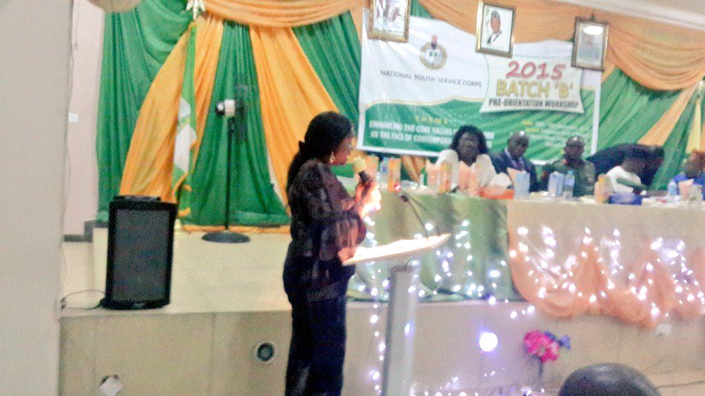 nysc_ng's tweet photo. Okuonghae Josephine (Mrs) DD planning given the vote of thanks to mark the end of #15BPreOrientation Workshop http://t.co/AaeUmYKKaX