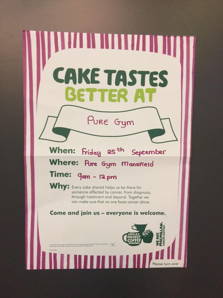 Mansfield_P_Gym's tweet photo. Mansfield @PureGym are hosting over own #Macmillan #Worlds #Biggest #Morning Fri 25th 9am-12pm #BringSomeChange 💷☕️🍰 http://t.co/Oeoy4ed8vV