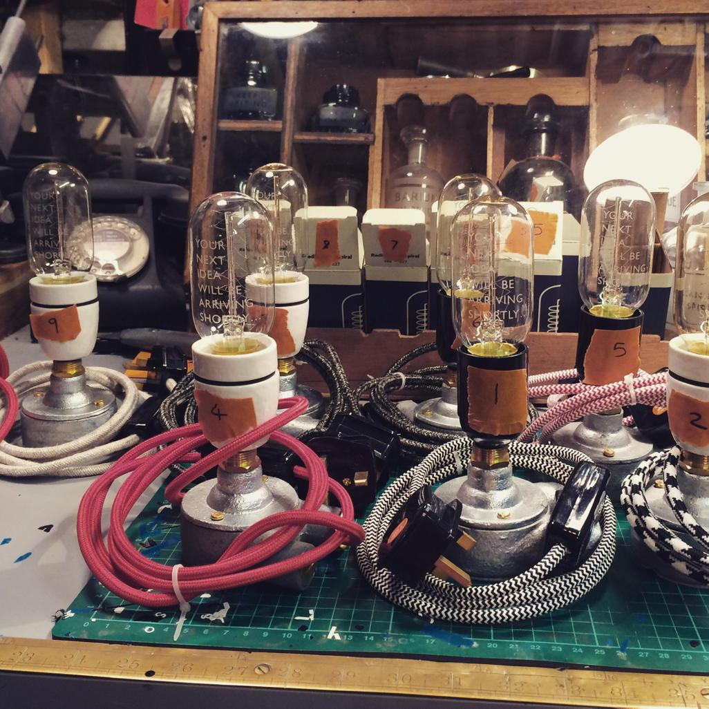 mendyourhead's tweet image. sneak peek inside the studio of 10 lightbulb moment lamps with @greymoosedesign for @GNCCF #threeweeksandcounting