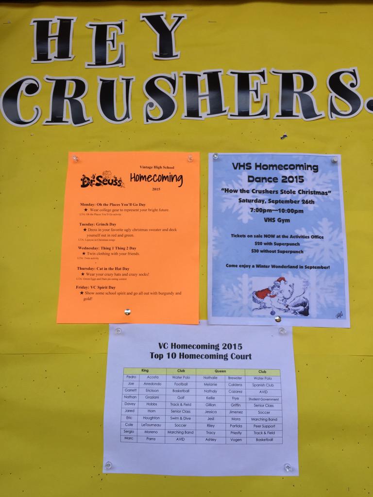 VHS_Leadership's tweet photo. Homecoming next week! Dance info on VHS home page! 
#drseuss #VHS_Crushers #vhscrushers #CrusherHomecoming2015 http://t.co/wqwJh7vSHh