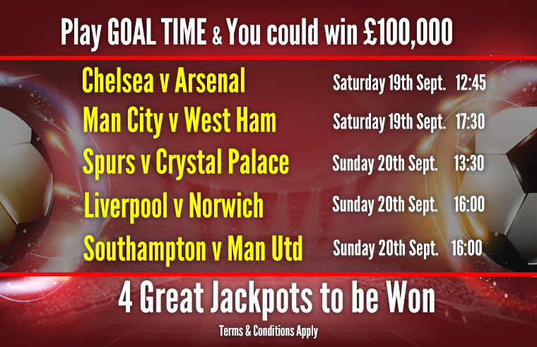 ContagusGaming's tweet image. Sep 19-20: 5 Fixtures / 4 Jackpots up to £100K per match. Sign Up At: GoalTi.me/?so=bc   See: @PlayGoalTime