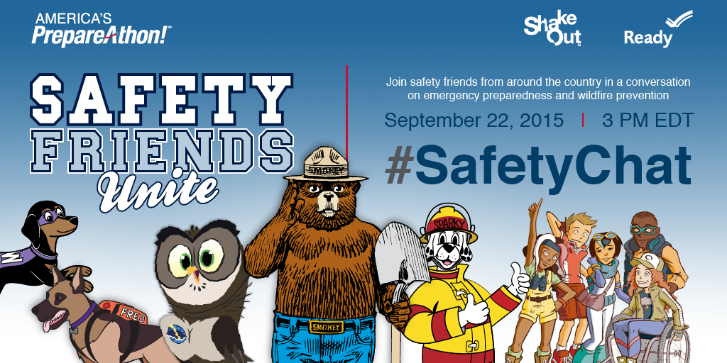Readygov's tweet photo. Mark your calendars for the #NatlPrep Month ‘Safety Friends’ Twitter chat at 3PM ET on 9/22! #SafetyChat http://t.co/yspdpdPdhj