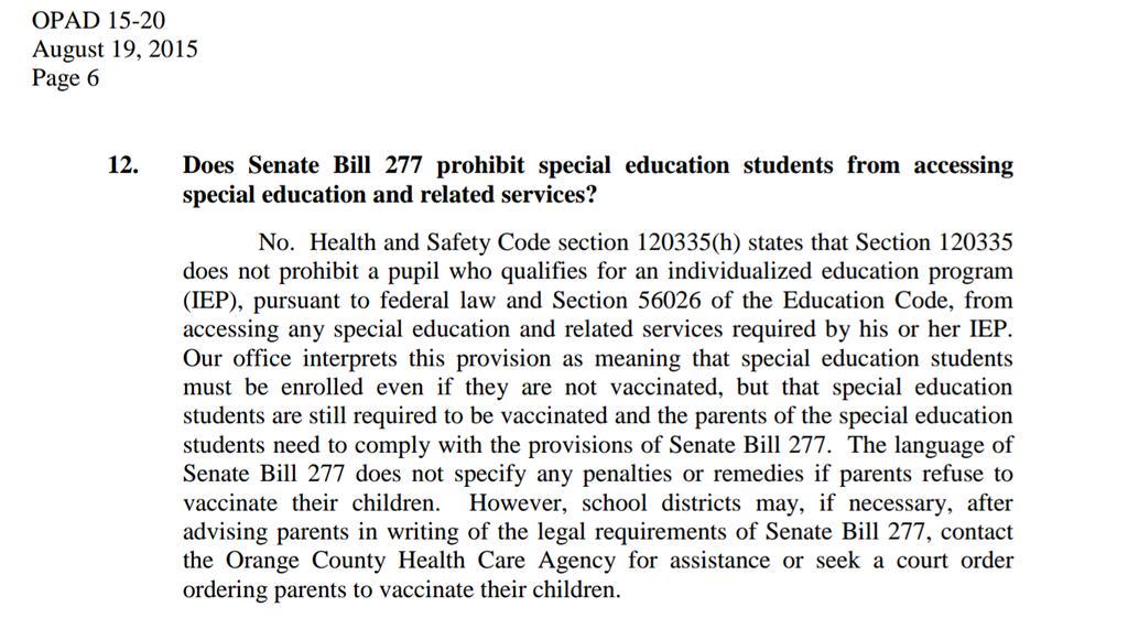 RuAndrade2's tweet photo. Orange County Dept. Of Ed says kids w/ IEP's not exempt from SB277 &amp; can seek COURT ORDER TO MAKE PARENTS VACCINATE! http://t.co/eFEmxtGAWQ