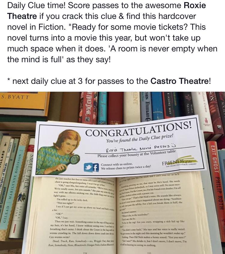 FriendsSFPL's tweet photo. We're giving out movie passes! #dailyclue is below :) http://t.co/hoClyhiSjf