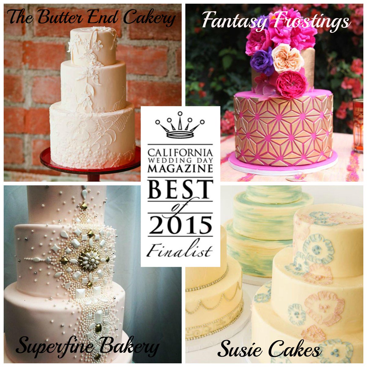 cwdmag's tweet photo. The finalists for #BestOf2015 BEST WEDDING CAKES LA @thebutterend @fantasyfrosting @SuperfineBakery @SusieCakes http://t.co/UAQjxBho79