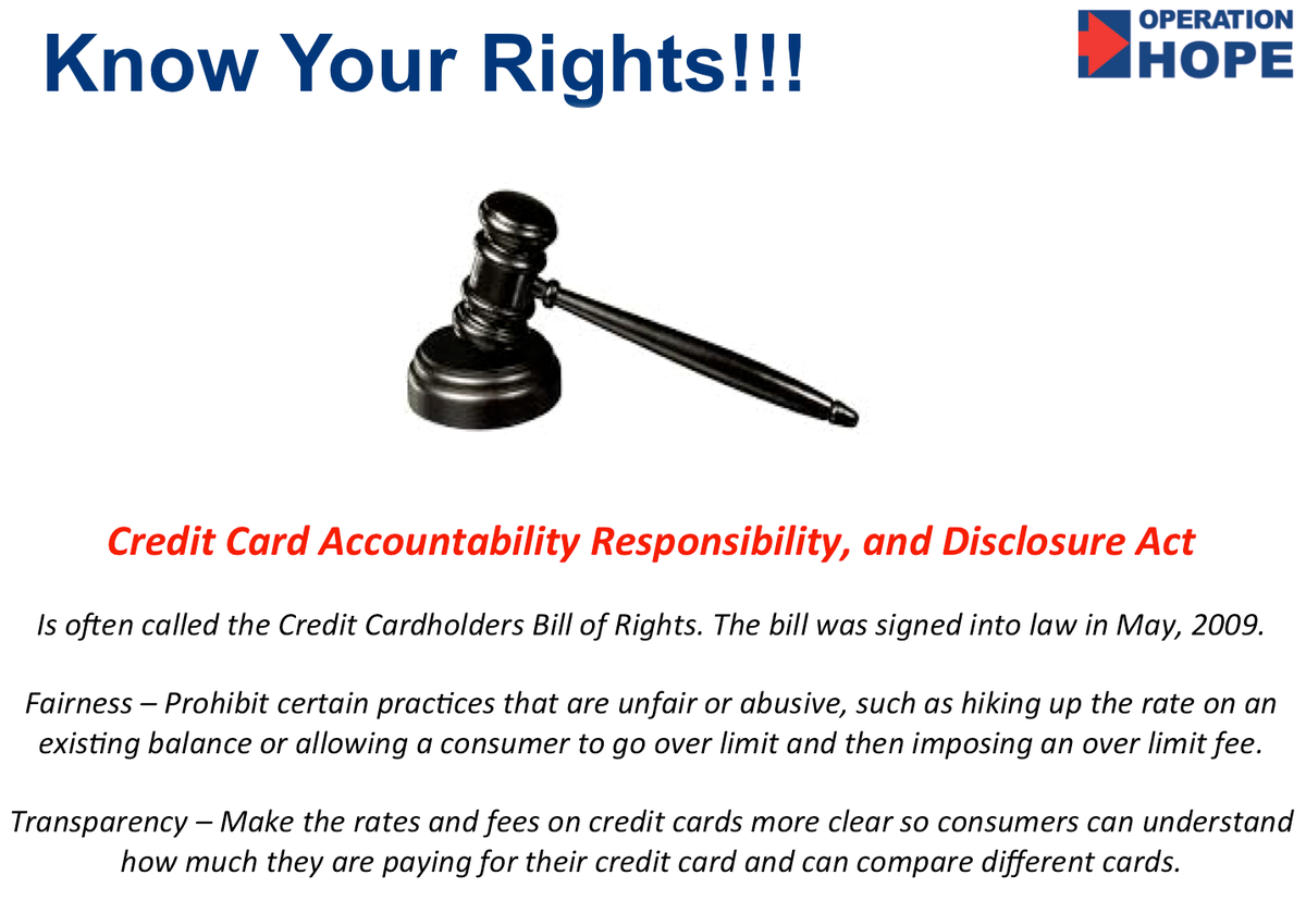 Ashley4HOPE's tweet photo. Know Your Rights! The Credit Card Accountability Responsibility, and Disclosure Act was signed into law in May 2009 http://t.co/ENvwgQb1hq