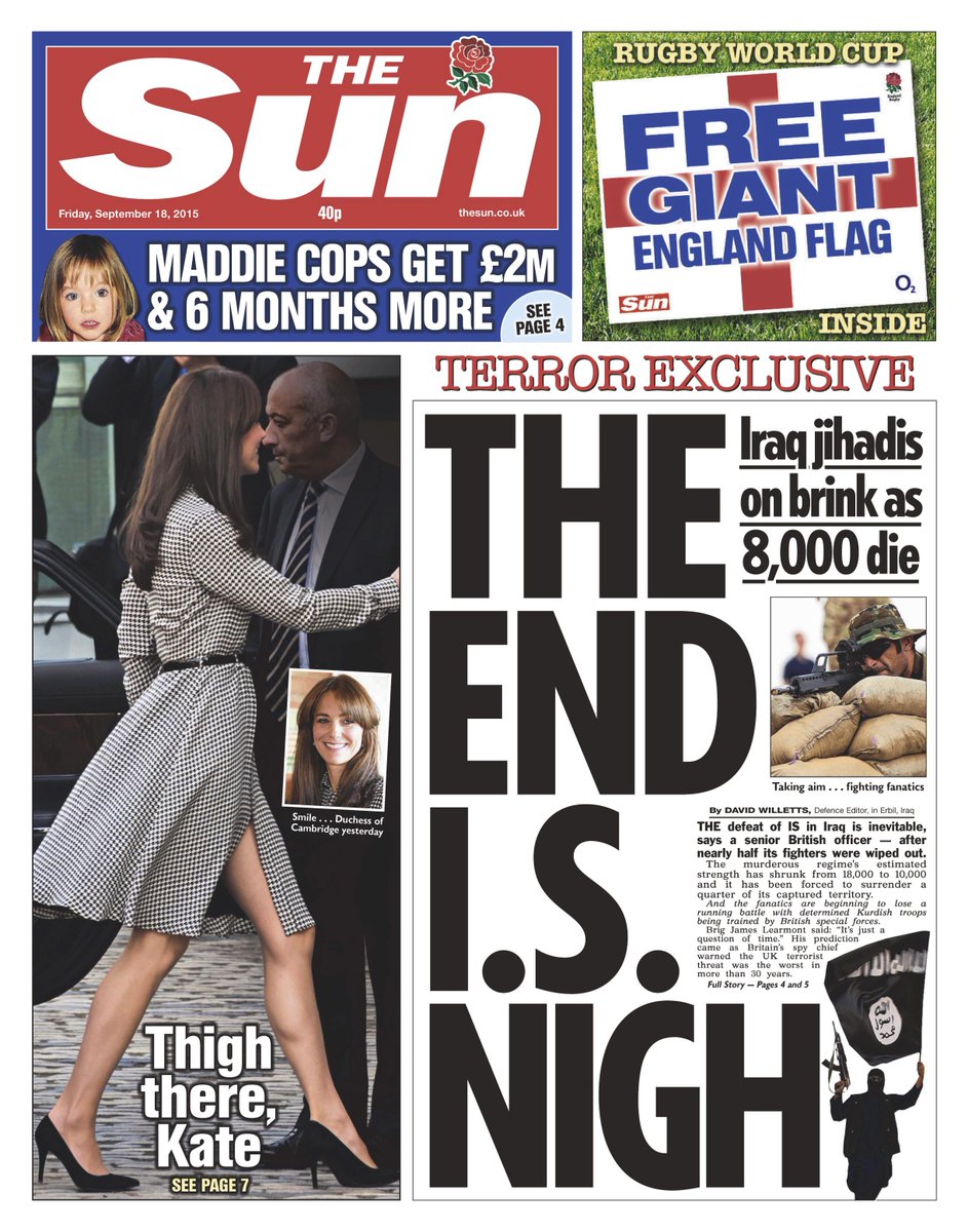 SkyNews's tweet photo. THE SUN FRONT PAGE: 'The end I.S. nigh' #skypapers http://t.co/2iFikZvSy1