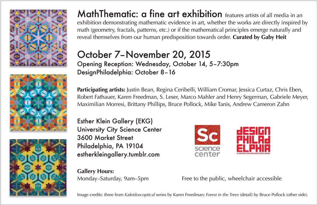 GabyHeit's tweet photo. #MathThematic: #math/#art at #EstherKleinGallery #EKG @UCScienceCenter @DesignPhilly! Oct 7-Nov 20, #reception Oct 14 http://t.co/CrkYTyCRj7