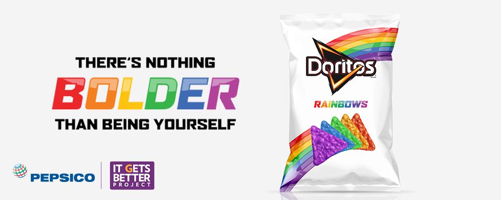 PepsiCo's tweet image. .@Doritos Rainbows are inspiring people to be #BOLDANDBETTER. Donate for a bag @ItGetsBetter pepsi.co/SmqBB