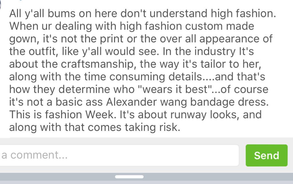 moonlighttae's tweet photo. so done with dumb niggas clowning on nic's style EVERY fashion week. Had 2 check a bitch in ShadeRoom comments http://t.co/X93AM9zdEu