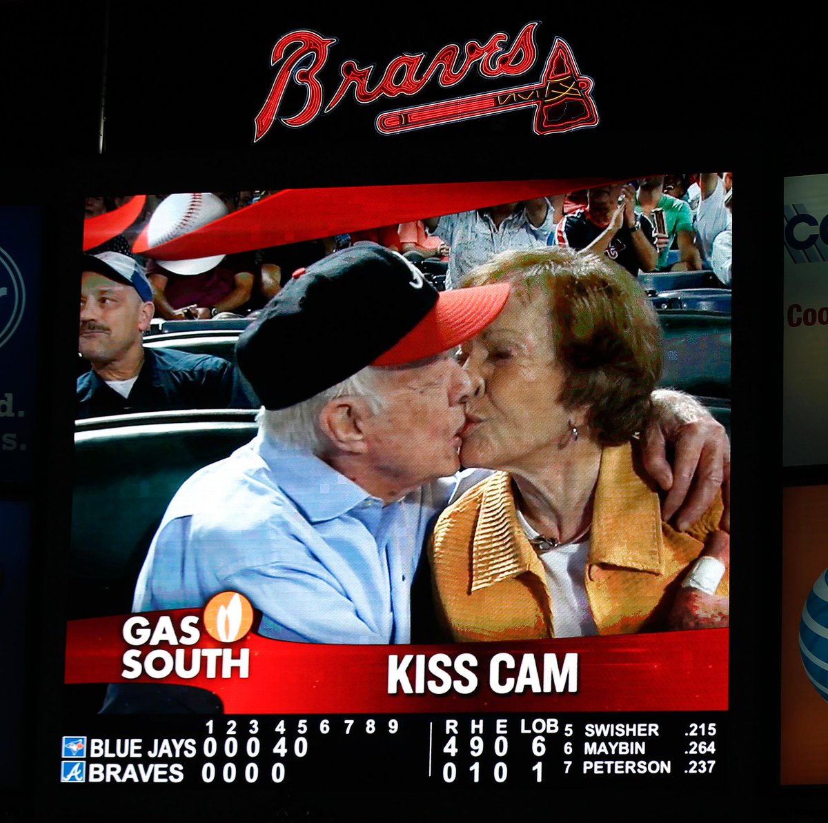 Braves's tweet photo. WATCH: President Jimmy Carter gets shown on the Kiss Cam: http://t.co/VFJce7wbT2 http://t.co/ZZqH5wBP9d